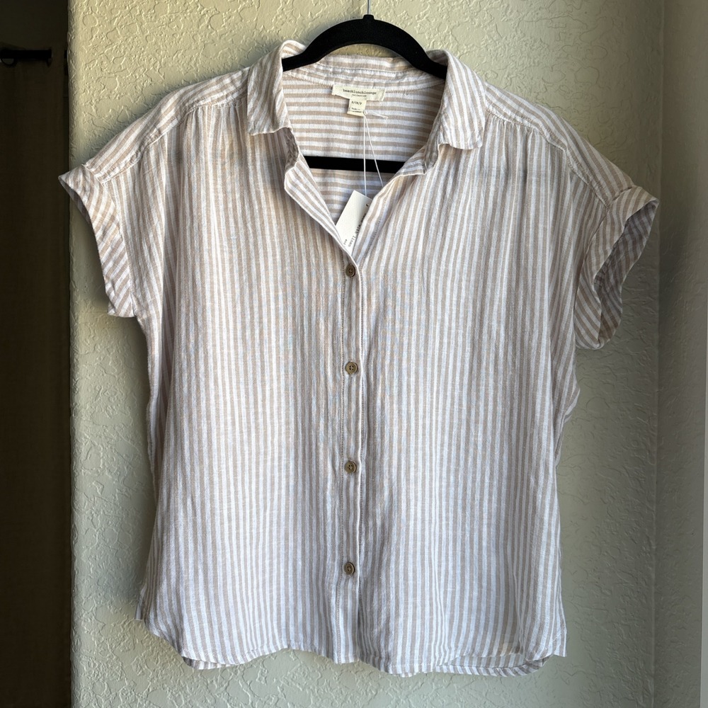 beachlunchlounge Beige and White Striped Button-Down Shirt